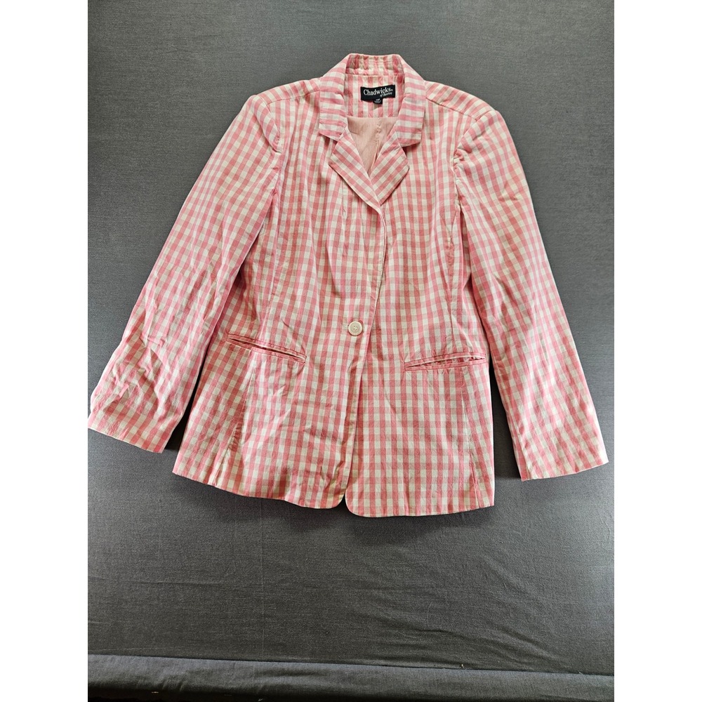 Chadwicks of Boston Pink Gingham Blazer Womens 14P Cotton Single Button Jacket